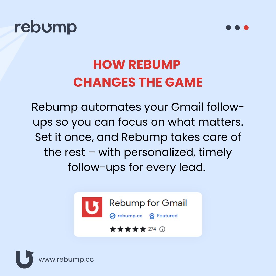 RebumpApp's tweet image. Staying engaged with prospects doesnโt have to be a hassle.
With Rebump, you can easily automate Gmail follow-ups to keep conversations going and increase your response rate without the extra work.
#GmailHacks #EmailFollowUp #Rebump #EmailAutomation #ProductivityBoost