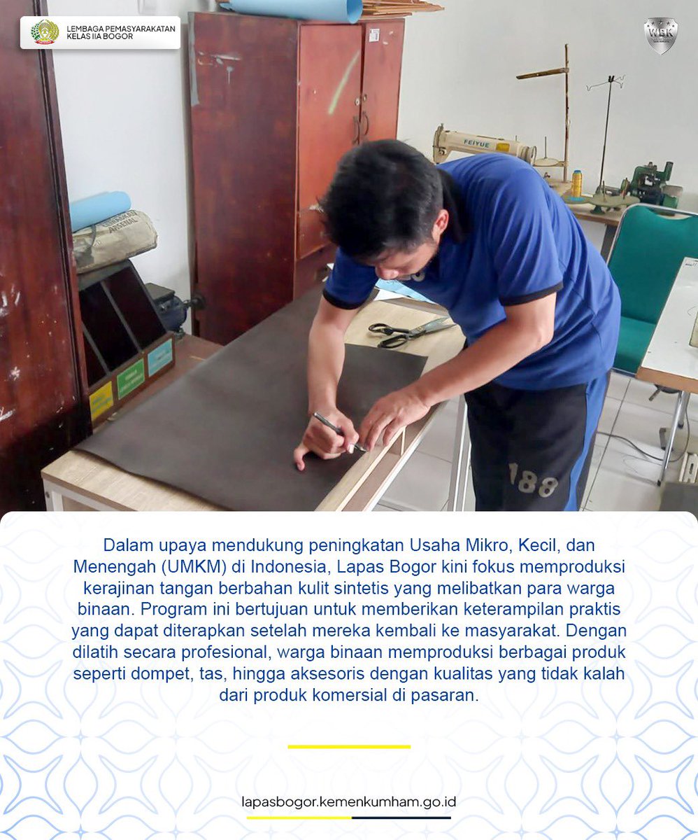 Hi #SobatElpale Lapas Bogor kini makin produktif dengan menghasilkan kerajinan kulit sintetis berkualitas! 🎨✨

#KemenkumhamRI #KemenkumhamJabar #Masjuno #DitjenPas #Pemasyarakatan #Jabar #Bogor #fyp #LapasBogorPastiWBBM #Indonesia #Viral