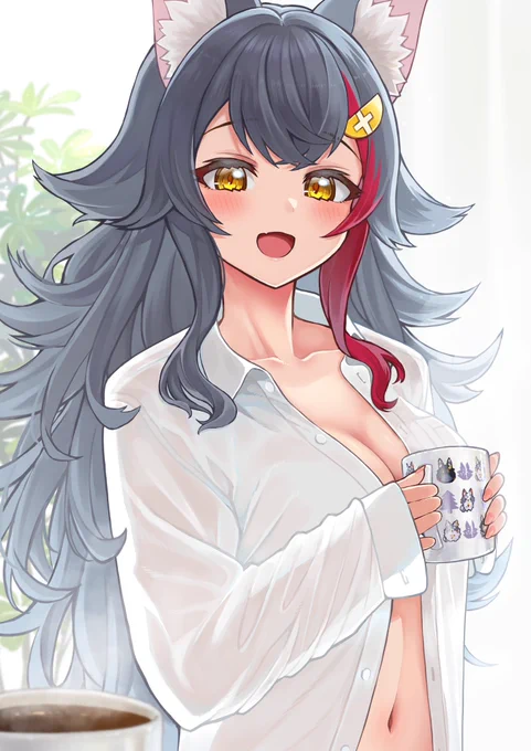 あ、シャツ借りてるからね〜#大神ミオ #みおーん絵 