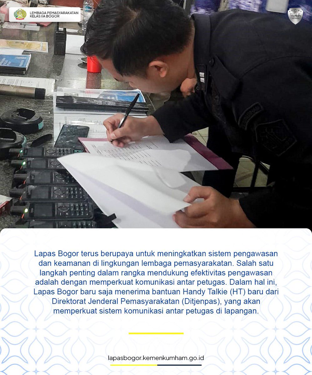 Hi #SobatElpale Lapas Bogor semakin canggih! 📡✨ Kali ini, kita kedatangan Handy Talkie baru dari <a href="/DITJEN_PAS/">DitjenPemasyarakatan</a> bikin komunikasi makin lancar dan aman.

#KemenkumhamRI #KemenkumhamJabar #Masjuno #DitjenPas #Pemasyarakatan #Jabar #Bogor #LapasBogorPastiWBBM #Indonesia #Viral