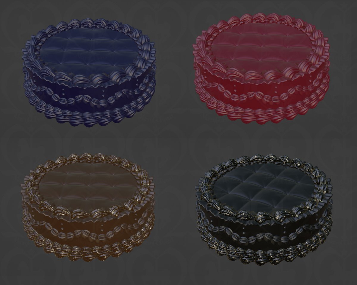 mgrdoll's tweet image. とりあえず暗めのケーキスタンド色見本できた〜！！
下２色は金のキラキラつけてみた

お試しで1パーセントのブランドロゴマークの透かし入れてみたんだけども見辛いかな

#blender #3db