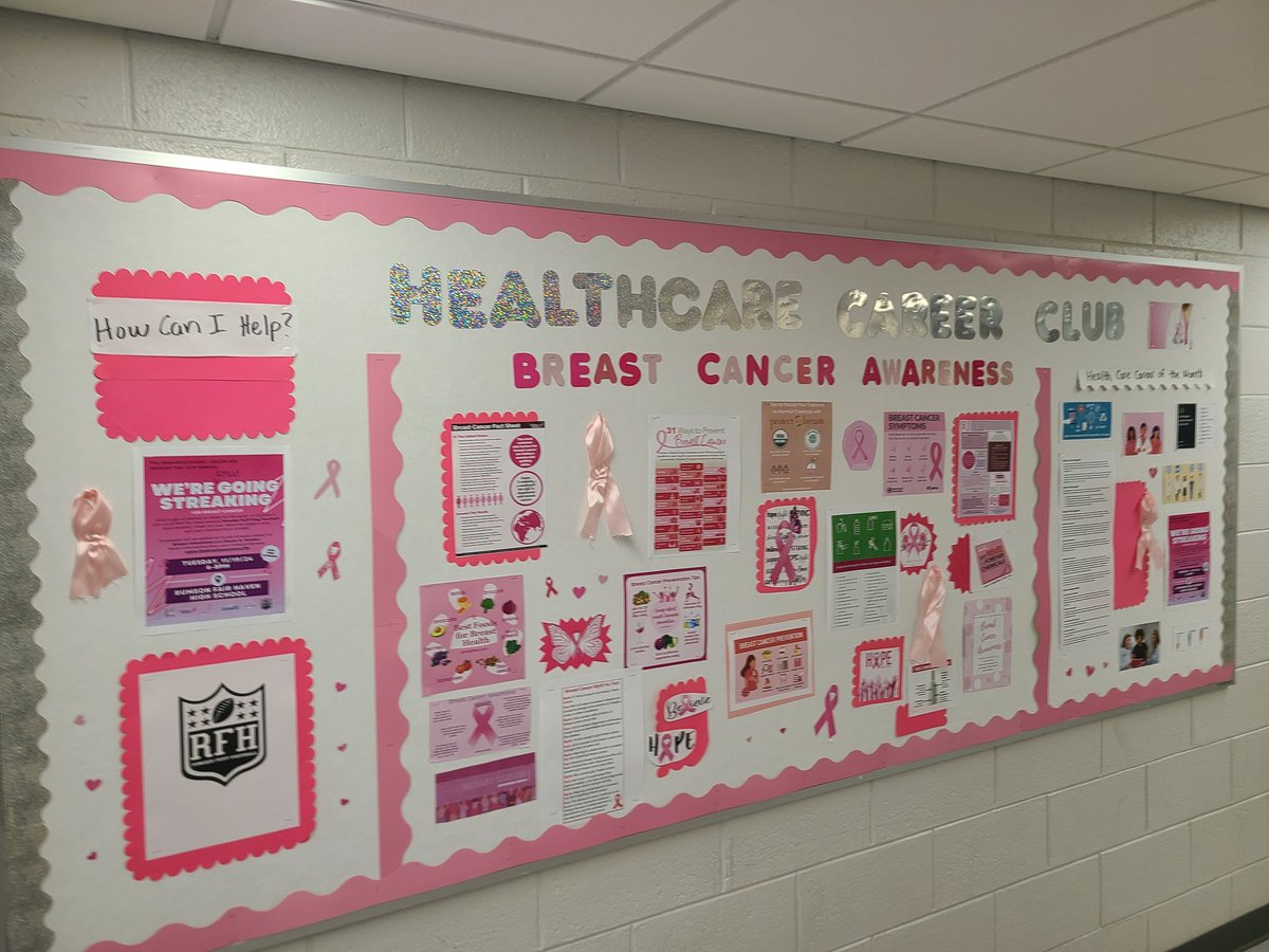 RFH_STEM's tweet image. Spotlight on the Healthcare Career Club's epic bulletin board in the 400 wing. Come out to the Powderpuff game on Tuesday the 19th at 6pm to support breast cancer awareness! @RFH_Regional @rfh_sga
