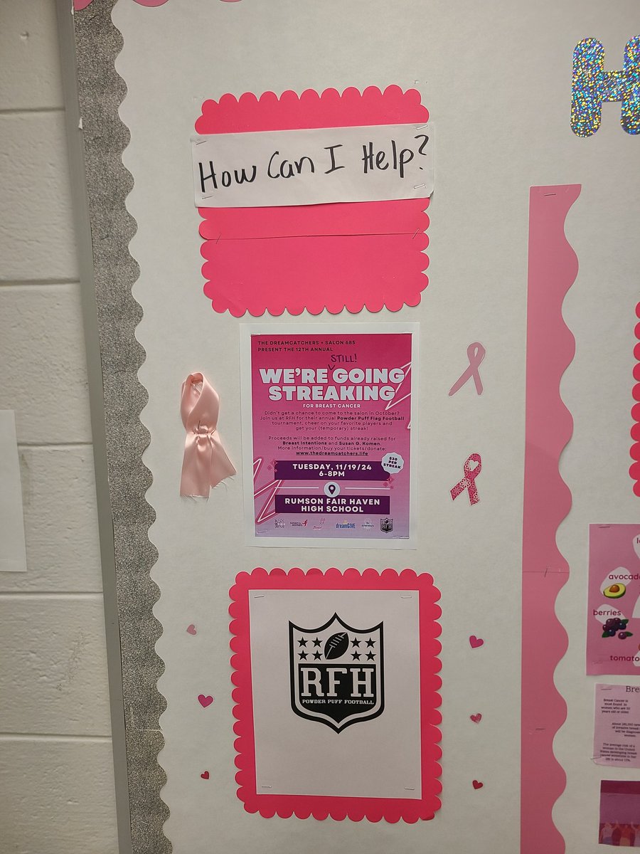 RFH_STEM's tweet image. Spotlight on the Healthcare Career Club's epic bulletin board in the 400 wing. Come out to the Powderpuff game on Tuesday the 19th at 6pm to support breast cancer awareness! @RFH_Regional @rfh_sga