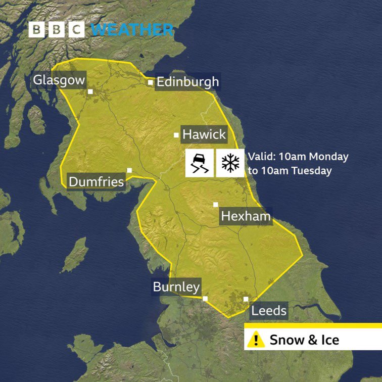 The first hints of the colder weather inbound - the Met Office issuing early YELLOW warnings for SNOW &amp; ICE from Sunday afternoon.

A lot could still change between now and Monday’s warning, but any disruption due to snow (if any at all) still mostly likely to be on the hills.