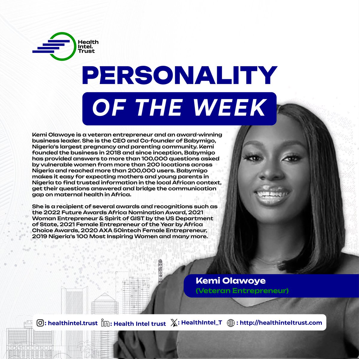 Our Personality of the week

Kemi Olawoye: Babymigo

#healthinteltrust #personalityoftheweek #babymigo