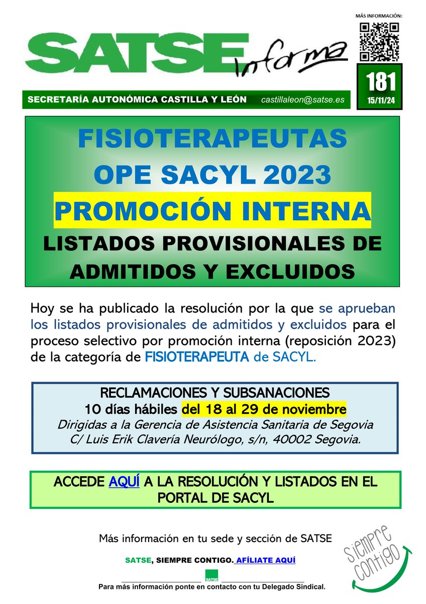 SATSE_CyL's tweet photo. 📤Publicados los listados provisionales de admitidos y excluidos de la OPE por promoción interna (reposición 2023) de #Fisioterapeutas de SACYL.👩‍⚕️🧑‍⚕️
🗓 Plazo para alegaciones: del 18 al 29 de noviembre de 2024.
➕Te contamos más detalles aquí: 🔗https://t.co/qwLj1msfi0 https://t.co/Wq85FkYnlM