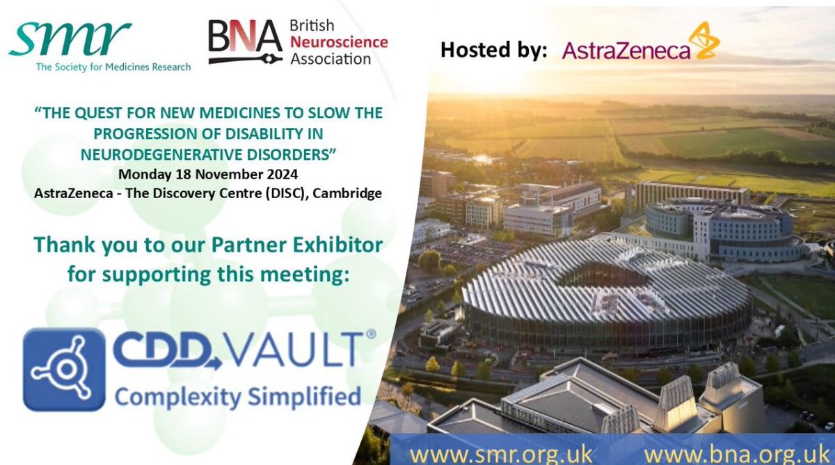 <a href="/SocMedRes/">Society for Medicines Research</a> and <a href="/BritishNeuro/">British Neuroscience Association</a> Meeting, 18th Nov 2024
Cambridge UK, AstraZeneca Discovery Centre

REGISTRATIONS OPEN!
//lnkd.in/ef2pAuSM
SMR/BNA members £125 
Non members £190

Sponsorship opportunities available - secretariat@smr.org.uk