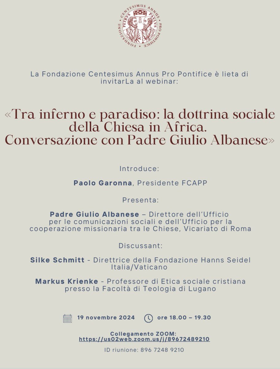 La Fondazione Centesimus Annus e la <a href="/seidel_hanns/">HannsSeidelStiftung</a> Roma invitano a un webinar di Dottrina sociale in una prospettiva interculturale, dialogando con il Padre Giulio Albanese: “Tra inferno e paradiso: la dottrina sociale della Chiesa in Africa”. Grazie alla direttrice Silke Schmitt!