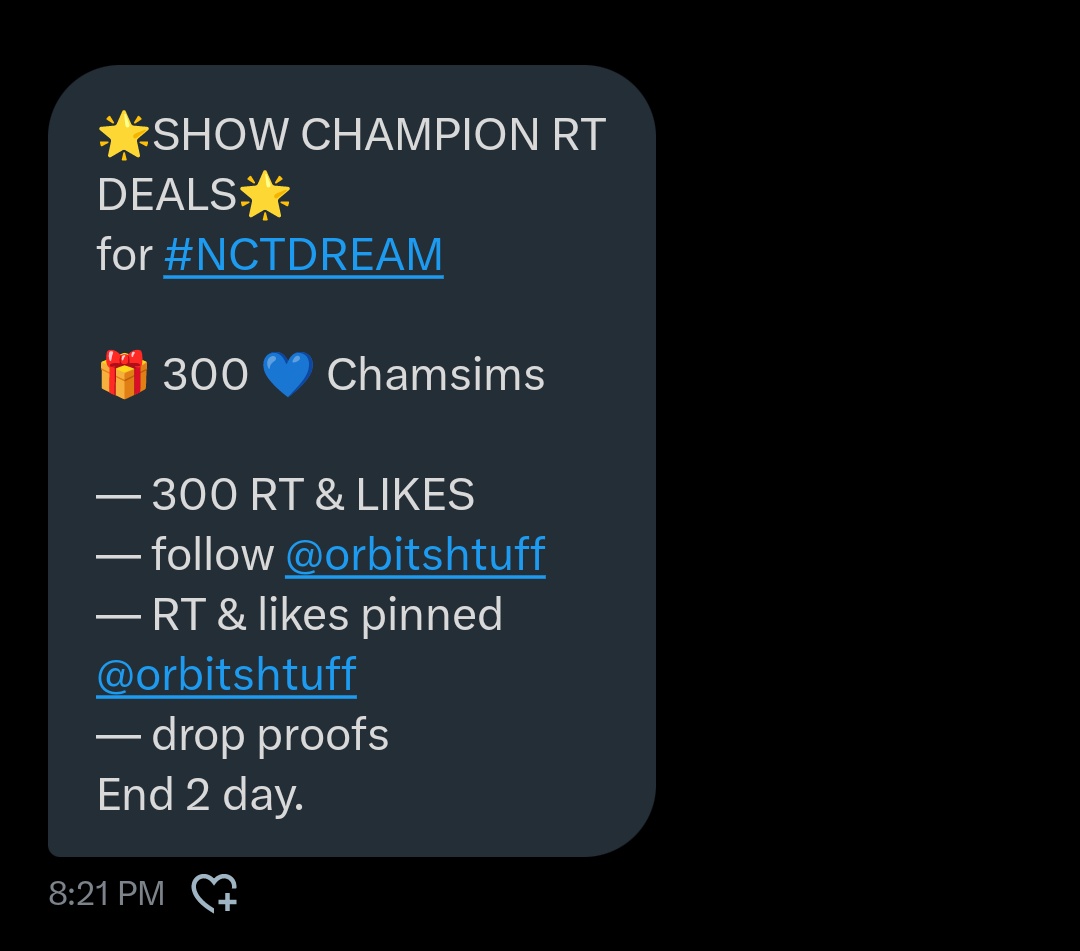 7DREAMVT_INA's tweet photo. 🌟SHOW CHAMPION RT DEALS🌟
for #NCTDREAM
🎁300 💙 Chamsims
-300 RT & LIKES
-follow @orbitshtuff
-RT & likes pinned @orbitshtuff
-drop proofs
End 2 day https://t.co/lzEwIGNUQS