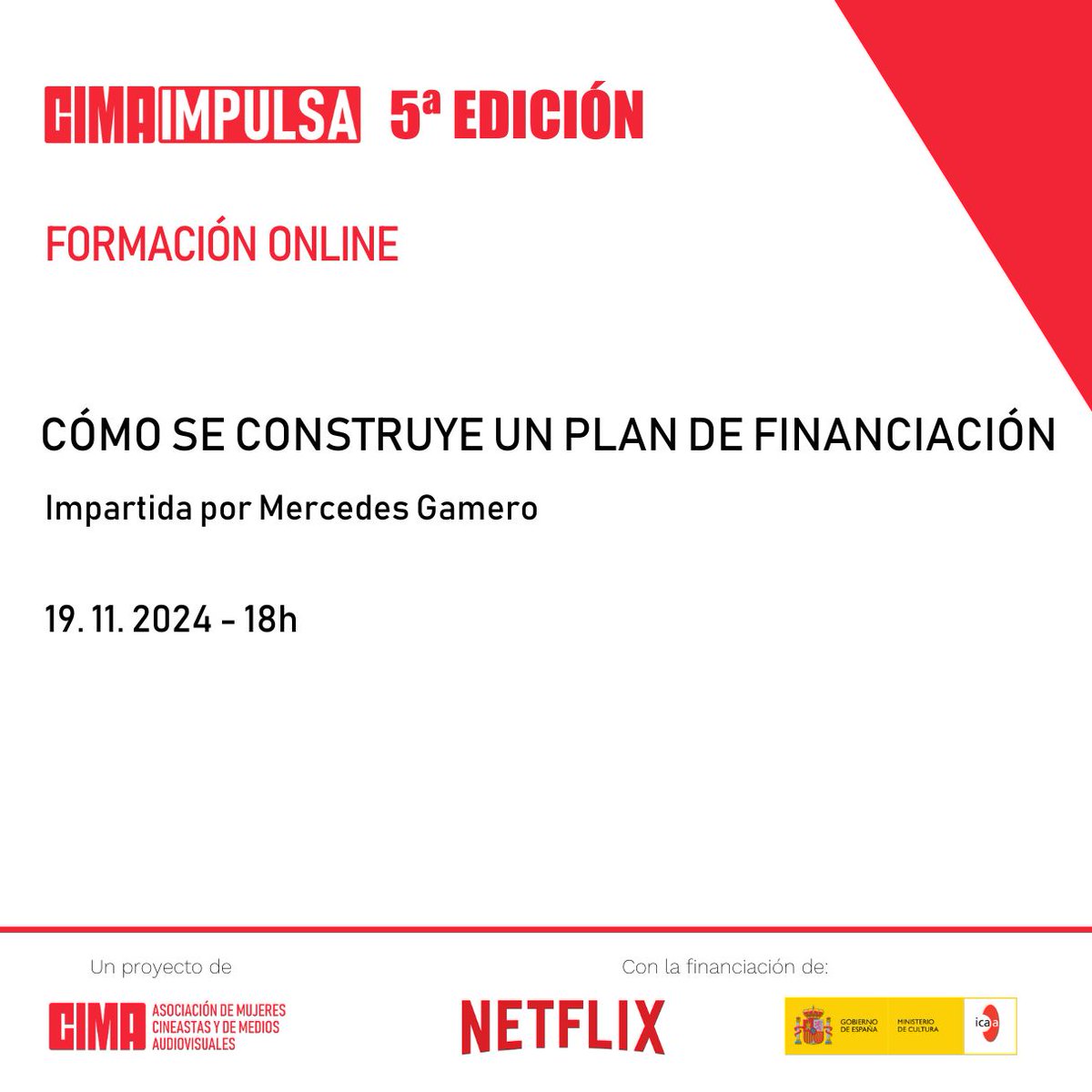 CIMA Impulsa (@cimaimpulsa) on Twitter photo 📣 ¡Última ponencia online! 📣
El 19 de noviembre, Mercedes Gamero, CEO de Beta Fiction Spain, nos guiará en el complejo mundo de la financiación en la industria audiovisual.
Exclusiva para <a href="/cimaimpulsa/">CIMA Impulsa</a> y @cimamujer. ¡No te lo pierdas!
#CIMA #Cine #MujeresEnElCine 📣 ¡Última ponencia online! 📣
El 19 de noviembre, Mercedes Gamero, CEO de Beta Fiction Spain, nos guiará en el complejo mundo de la financiación en la industria audiovisual.
Exclusiva para <a href="/cimaimpulsa/">CIMA Impulsa</a> y @cimamujer. ¡No te lo pierdas!
#CIMA #Cine #MujeresEnElCine