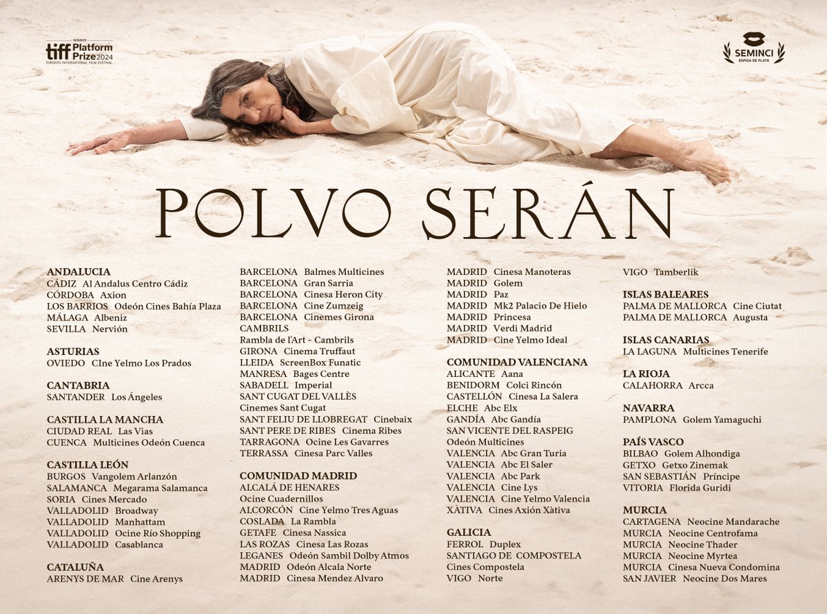 "Polvo serán, mas polvo enamorado", escribió Quevedo. 🪶

Y Carlos Marques-Marcet "firma aquí su película más redonda".  —<a href="/kinotico/">Kinótico</a> 

Llegó el día. ⚱️ #PolvoSerán en todos estos cines.

🤍 Busca el tuyo en elasticafilms.com/catalogofilms/…