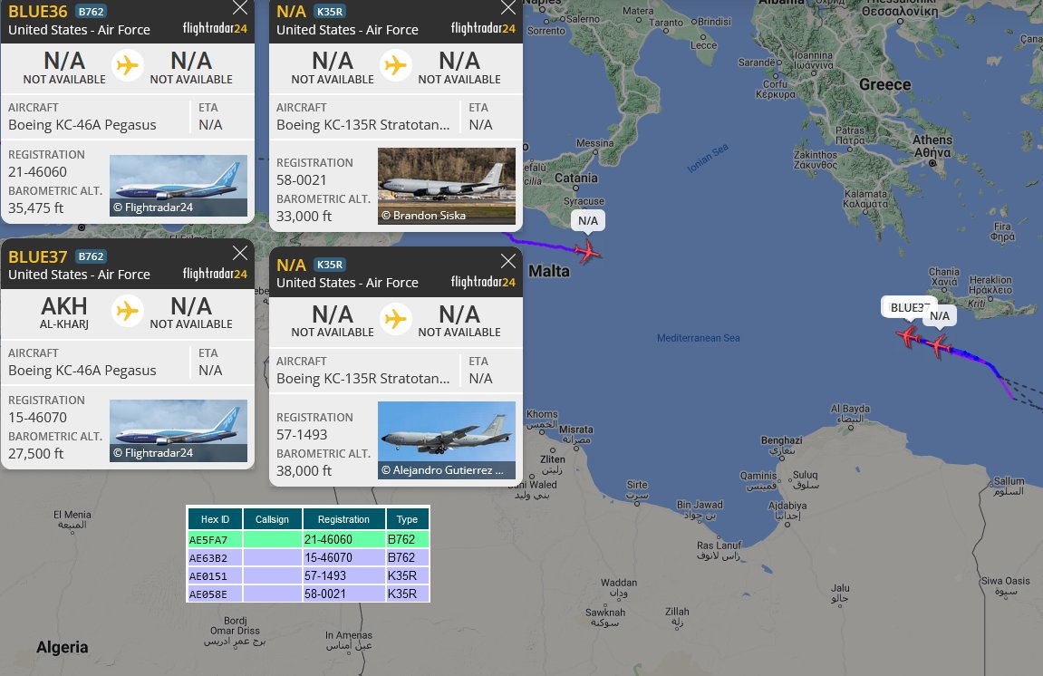 SirListenalot's tweet photo. #KC46's #BLUE36-37 with some "AK" #F22's. #KC135 #AE0151 #BLUE38 did the initial part. KC135 #BLUE40 out of Rota will join over ABNAT https://t.co/usqM5KRVRH