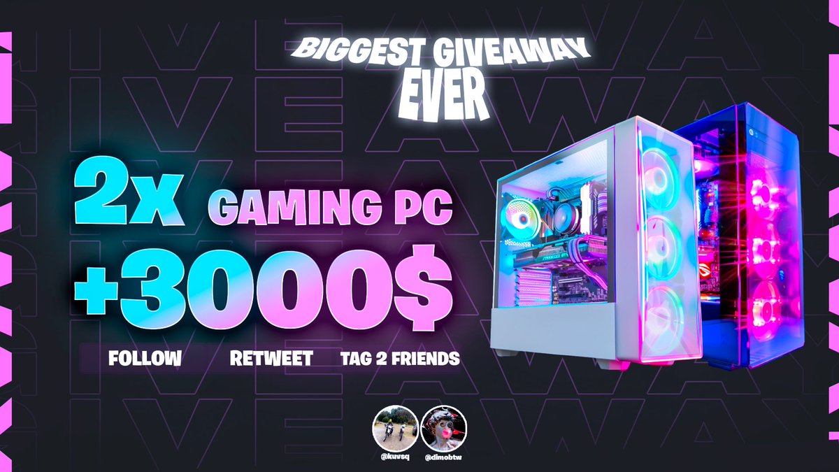 🏆$3,000 2x Gaming PC Giveaway! 🏆

To enter: 
-❤️+🔁 this tweet
- Tag 2 friends in replies 
- Follow <a href="/kuvsq/">Kuvsq</a> &amp; <a href="/dimobtw/">dimo (COMMISIONS OPEN)</a> 

The winners will be rolled in 14 days, good luck! 🔁
#Giveaway