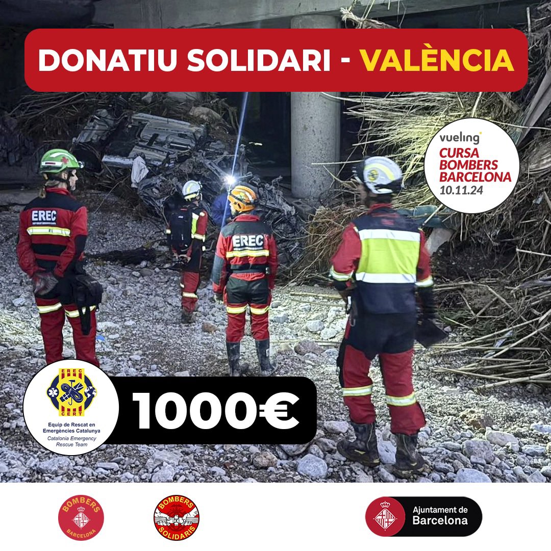 Agraïm a <a href="/Bombersolidaris/">Bombers Solidaris</a> i <a href="/cursadebombers/">Vueling Cursa Bombers Barcelona</a> el donatiu solidari a la nostra organització i altres entitats que han estat treballat amb els afectats per la DANA.
