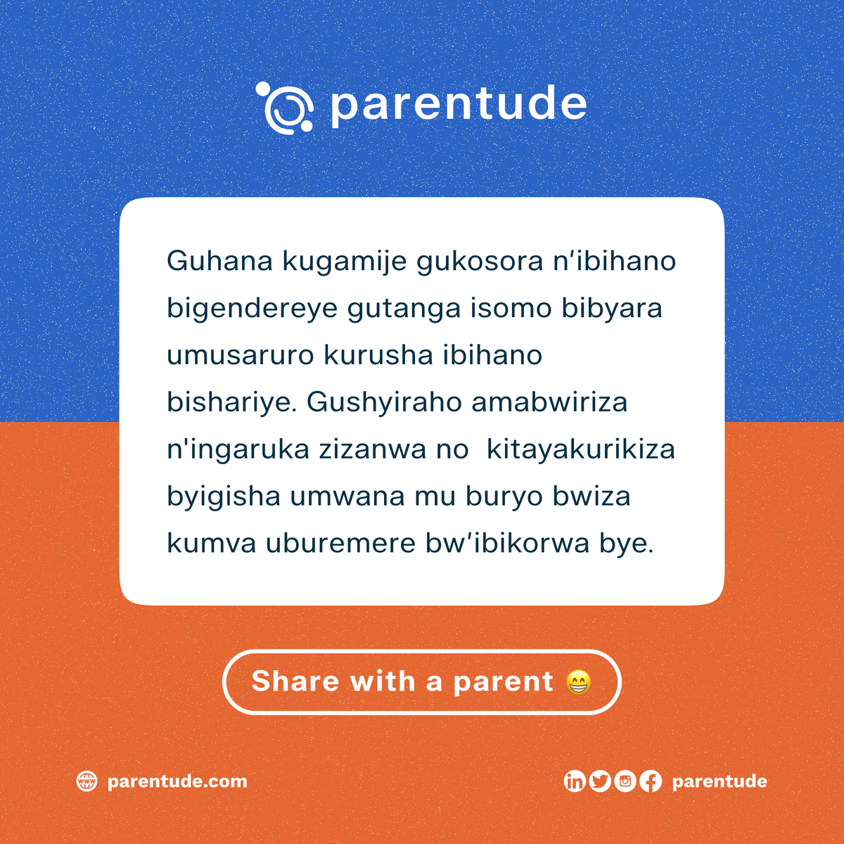 parentudeapp's tweet photo. Igihano gikakaye gishobora kumukura ku ngeso mu gihe gito, bitari burundu ariko iyo umushyiriyeho ibihano bigamije kumukosora no kumwubaka, hakabaho ingaruka zijyanye n'amakosa yakoze, abikuramo amasomo  adashobora kuzibagirwa na rimwe. https://t.co/ZkagQPreVd