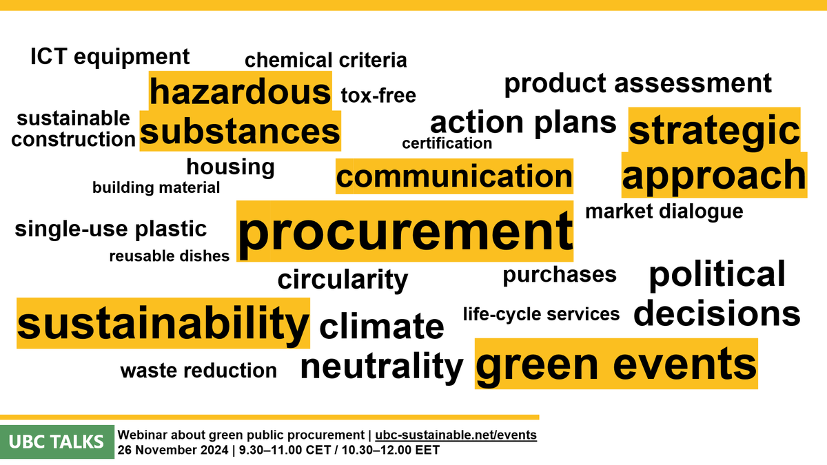 Green public procurement can be an answer to many local challenges - check what we will discuss at #UBCTALKS webinar on 26 Nov at 9.30–11.00 CET! Does anything resonate with you? Join #Stockholm, #Helsinki, #Riga and #Tallinn and register: ubc-sustainable.net/events/ubc-tal…