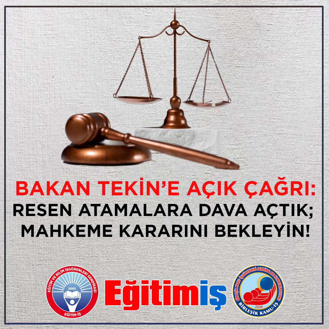 BAKAN TEKİN’E AÇIK ÇAĞRI: RESEN ATAMALARA DAVA AÇTIK; MAHKEME KARARINI BEKLEYİN!

egitimis.org.tr/guncel/sendika…

<a href="/tcmeb/">Millî Eğitim Bakanlığı</a> <a href="/Yusuf__Tekin/">Yusuf Tekin</a> #resen #atama #normfazlasıReseneHayır #NormFazlasıResenMağduru