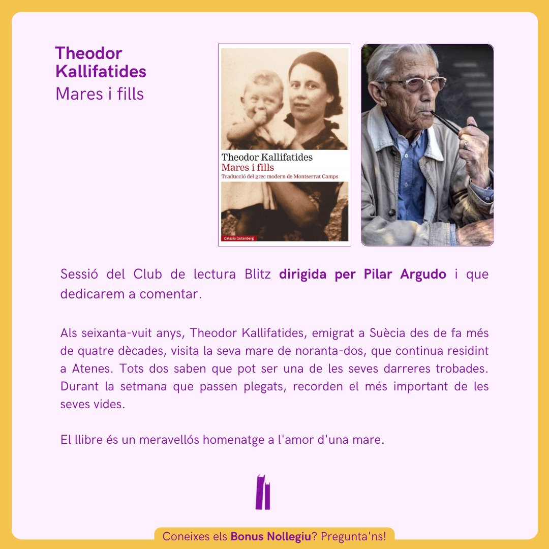 Nollegiu's tweet photo. Missatge breu per dir-vos que DIMARTS 26 novembre, el club de lectura Blitz dirigit per @Pilar_Argudo a la Nollegiu del Clot presencialment o virtual a zoom estarà dedicat a @Kallifatides i MARES I FILLS. Informació i inscripcions a la llibreria o aquí: https://t.co/hd8ri6sCba https://t.co/hrx8t0k48R