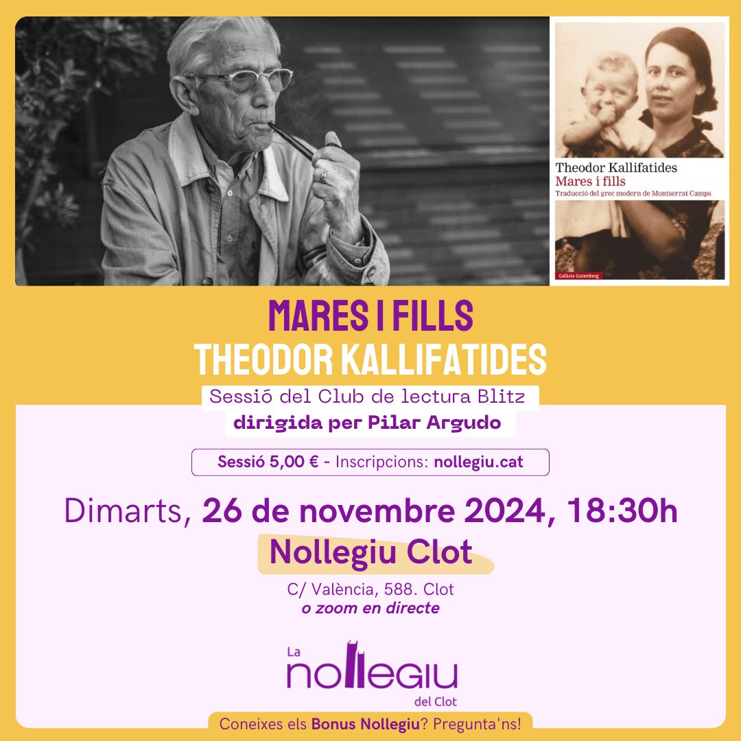 Nollegiu's tweet photo. Missatge breu per dir-vos que DIMARTS 26 novembre, el club de lectura Blitz dirigit per @Pilar_Argudo a la Nollegiu del Clot presencialment o virtual a zoom estarà dedicat a @Kallifatides i MARES I FILLS. Informació i inscripcions a la llibreria o aquí: https://t.co/hd8ri6sCba https://t.co/hrx8t0k48R