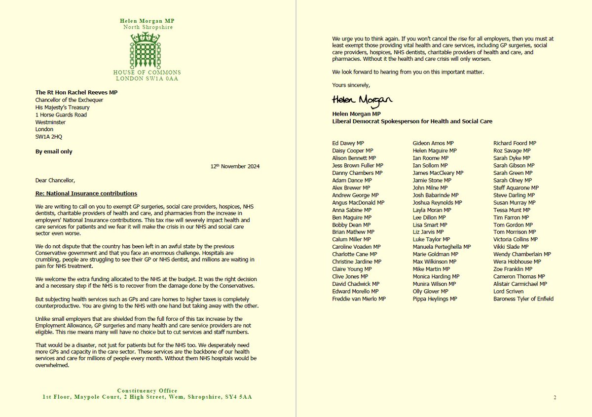 Alex Brewer MP 🔶 (@alexbrewer) on Twitter photo The Government's National Insurance tax rise will damage healthcare services and worsen patient outcomes.
I have signed <a href="/HelenMorganMP/">Helen Morgan MP 🔶</a>'s letter to the Chancellor, asking her to make healthcare providers exempt, and avert this future disaster.
#budget #Budget2024 #NHS #socialcare The Government's National Insurance tax rise will damage healthcare services and worsen patient outcomes.
I have signed <a href="/HelenMorganMP/">Helen Morgan MP 🔶</a>'s letter to the Chancellor, asking her to make healthcare providers exempt, and avert this future disaster.
#budget #Budget2024 #NHS #socialcare