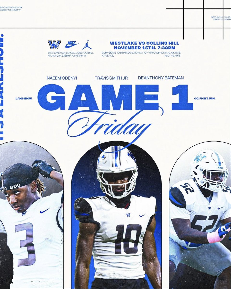 RecruitWestlake's tweet photo. Game Day ‼️🥶🦁

GHSA Playoffs RD 1

@ Collins Hill HS

7:30 PM

#GRIT 

Ticket Link: https://t.co/ihoJD3htkA https://t.co/t61iuJnvHn
