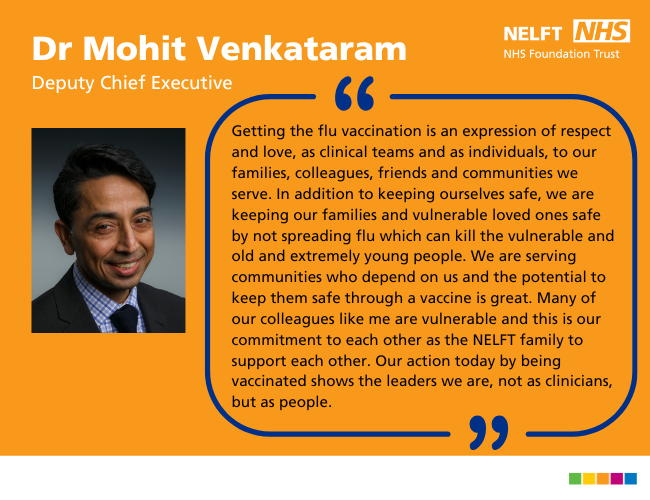 NELFT Lets Engage (@nelftletsengage) on Twitter photo Our Deputy Chief Executive <a href="/MohitVenkataram/">Dr Mohit Venkataram</a> shares why he feels the flu jab is important for healthcare workers. We are now also offering the COVID-19 booster vaccination to colleagues, so you can get them both at a time and place convenient to you. See NELFT Connect for details. Our Deputy Chief Executive <a href="/MohitVenkataram/">Dr Mohit Venkataram</a> shares why he feels the flu jab is important for healthcare workers. We are now also offering the COVID-19 booster vaccination to colleagues, so you can get them both at a time and place convenient to you. See NELFT Connect for details.