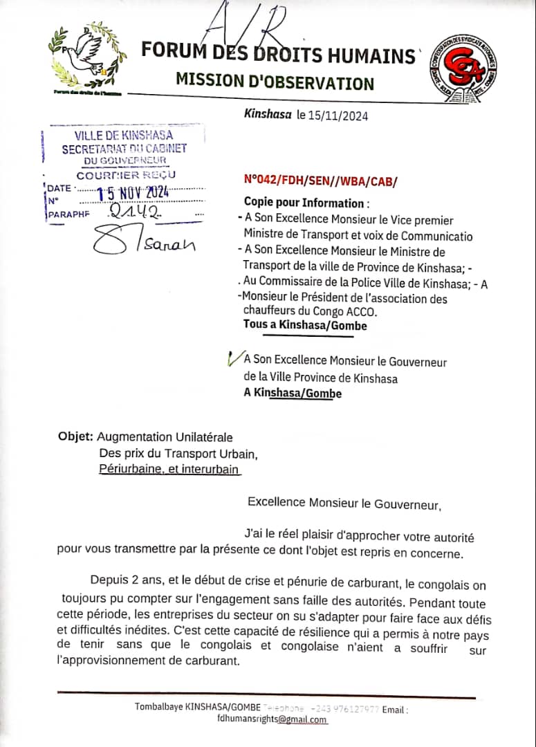timayika's tweet photo. #RDC: 
Augmentation unilatérale et spectaculaire des Prix des Transport Urbain, Périurbaine à Kinshasa, 
Le *Forum des Droits Humains* vient Officiellement de saisir l'autorité de la ville-prov. de Kinshasa "Le Gouv. @daniel_bumba_01 ".
Avec copie pour information au VPM @BembaJP https://t.co/3viwPIj6Hr