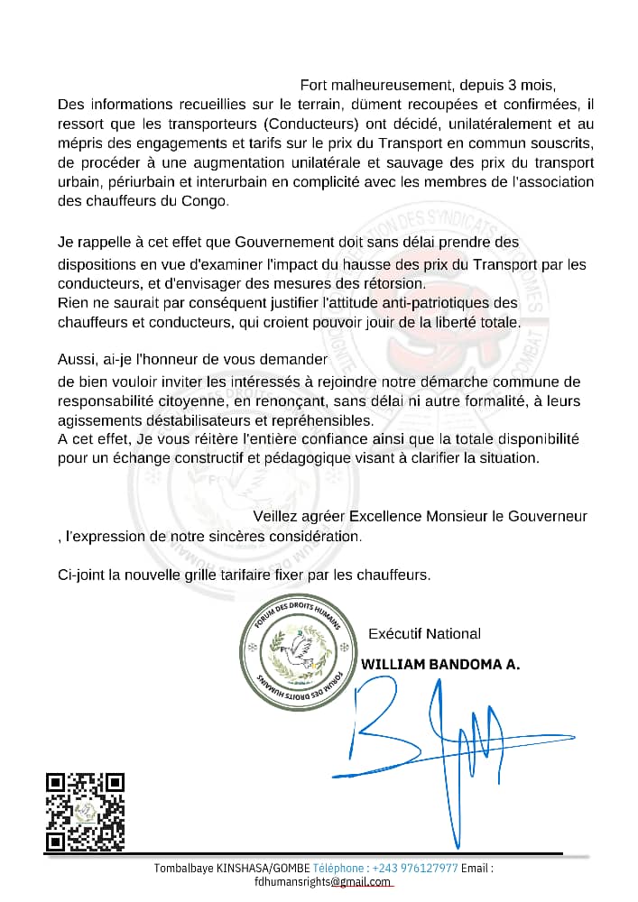 timayika's tweet photo. #RDC: 
Augmentation unilatérale et spectaculaire des Prix des Transport Urbain, Périurbaine à Kinshasa, 
Le *Forum des Droits Humains* vient Officiellement de saisir l'autorité de la ville-prov. de Kinshasa "Le Gouv. @daniel_bumba_01 ".
Avec copie pour information au VPM @BembaJP https://t.co/3viwPIj6Hr