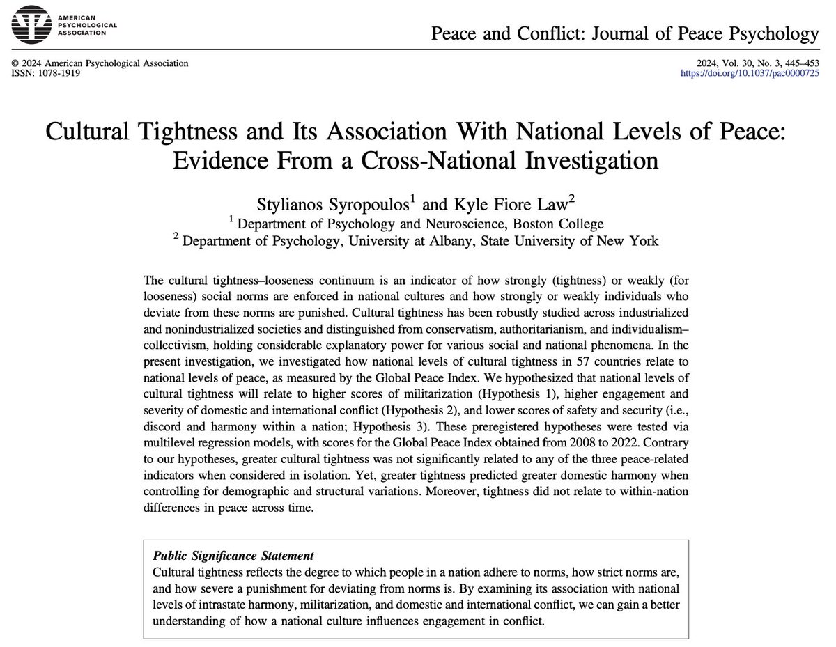 🌍 Cultural Tightness &amp; National Peace 🌿
Does cultural adherence to norms (tightness) shape peace?

This study found:
➡️ Tightness ≠ conflict/militarisation
➡️ Tightness predicts domestic harmony (when accounting for structural differences).

Read more: doi.org/10.1037/pac000…