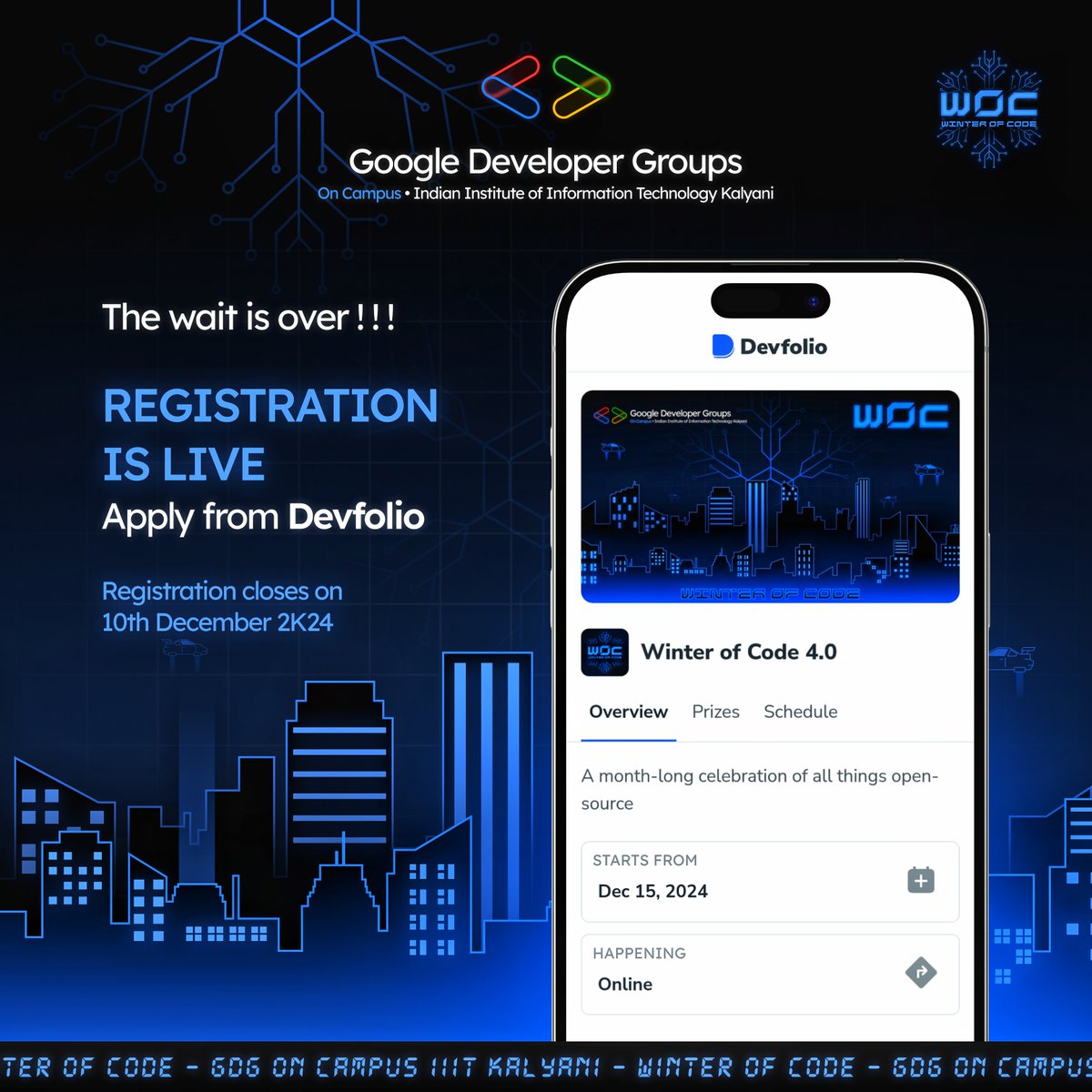 gdsciiitkalyani's tweet image. Winter of Code 4.0 Applications are LIVE! 💻❄️
Apply now 🔗winterofcode.tech
Unleash your potential in this month-long open-source program, contribute to exciting projects, and level up your skills.🚀✨
#woc #winterofcode #gdgiiitk #gdg #google #winter #code #opensource