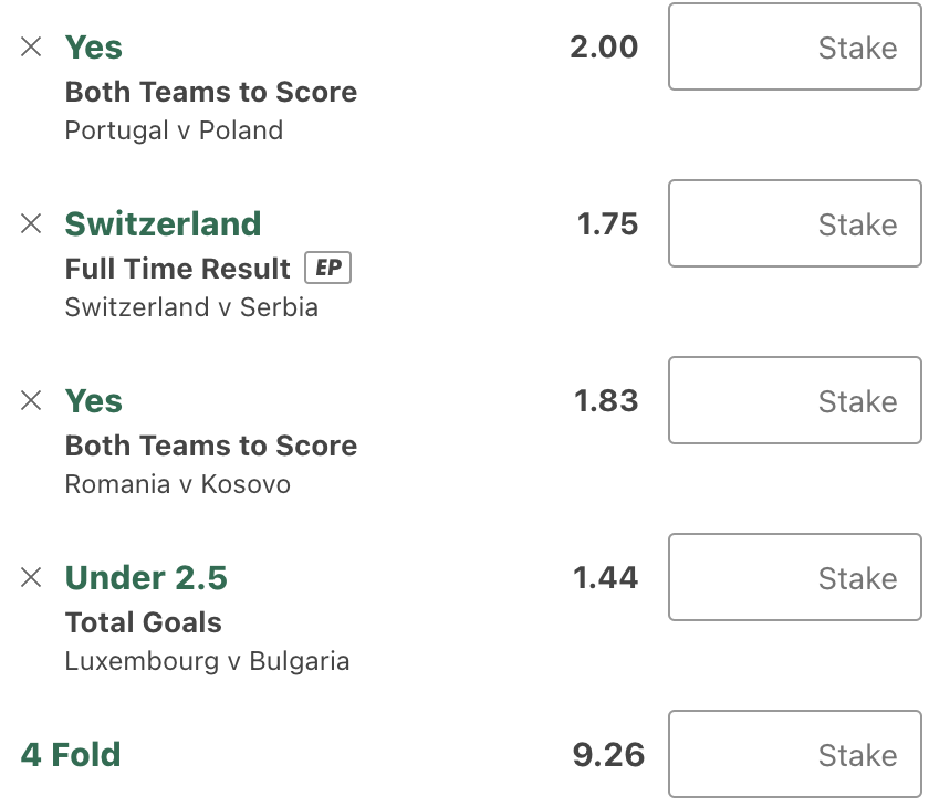ArmTipster's tweet photo. 🤩⚽️FRIDAY FOOTBALL TIP⚽️🤩

💫Portugal v Poland
Both teams to score - YES: 2.00
💫Switzerland v Serbia
FT Result - W1: 1.75
💫Romania v Kosovo
Both teams to score - YES: 1.83
💫Luxembourg v Bulgaria
Total goals - Under 2.5: 1.44

✅ACCA: 9.26

Don't miss your chance to win ! 🔥💰