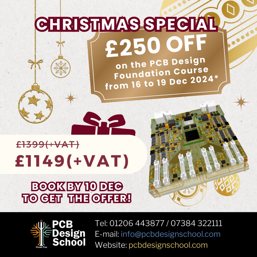 Enter your discount code DEC250OFF at the end of the form to claim the offer!
(*valid only for the PCB Design Foundation Course starting on 16thDecember 2024. Course fee must be fully paid on or before 10thDecember 2024.)
 Enrolment form 🔗 bit.ly/pcbds-reg