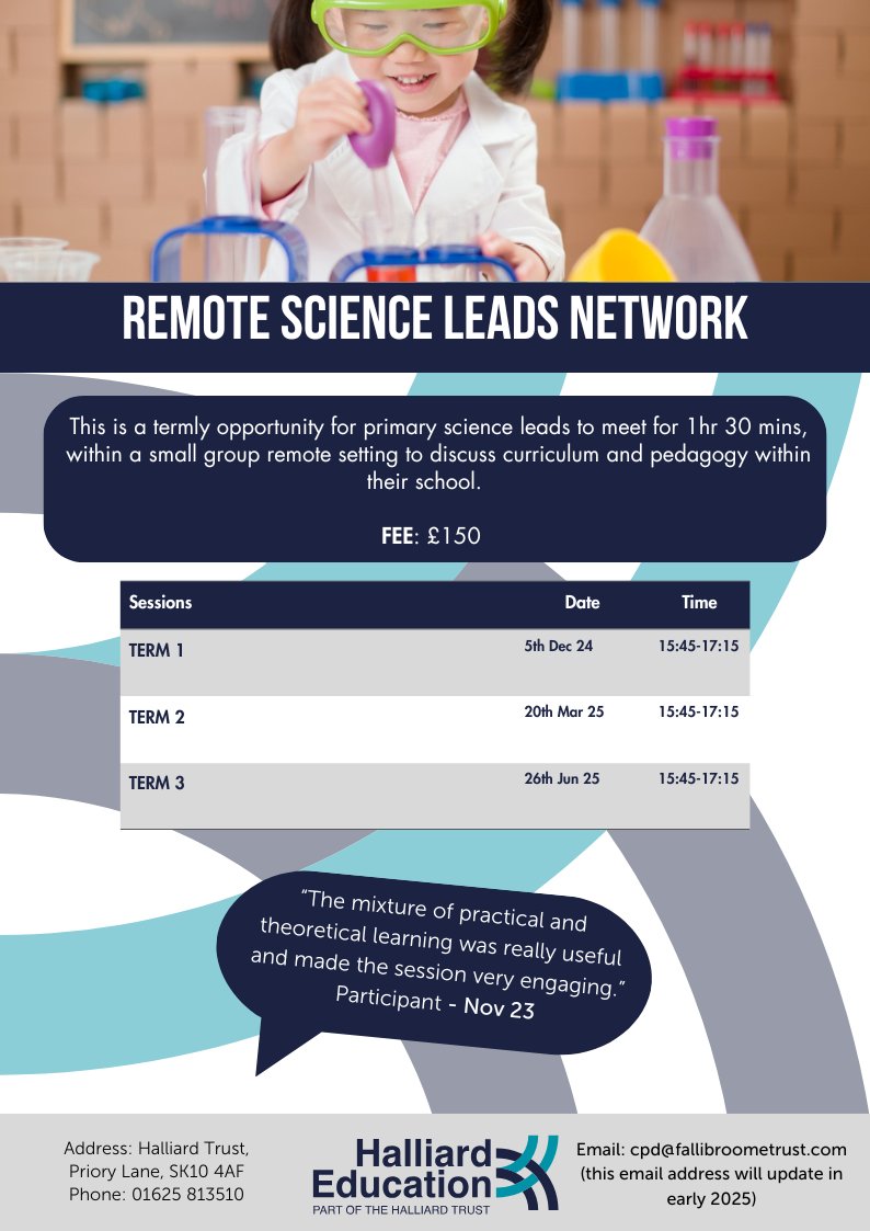 Join us for our upcoming Remote Science Leads Network which gives a termly opportunity to meet within a small group and discuss the curriculum in primary science.

🎟 Book here: eventbrite.co.uk/e/remote-scien…

#SubjectLeader #Science #Cheshire #Networking #Cheshire #Wirral