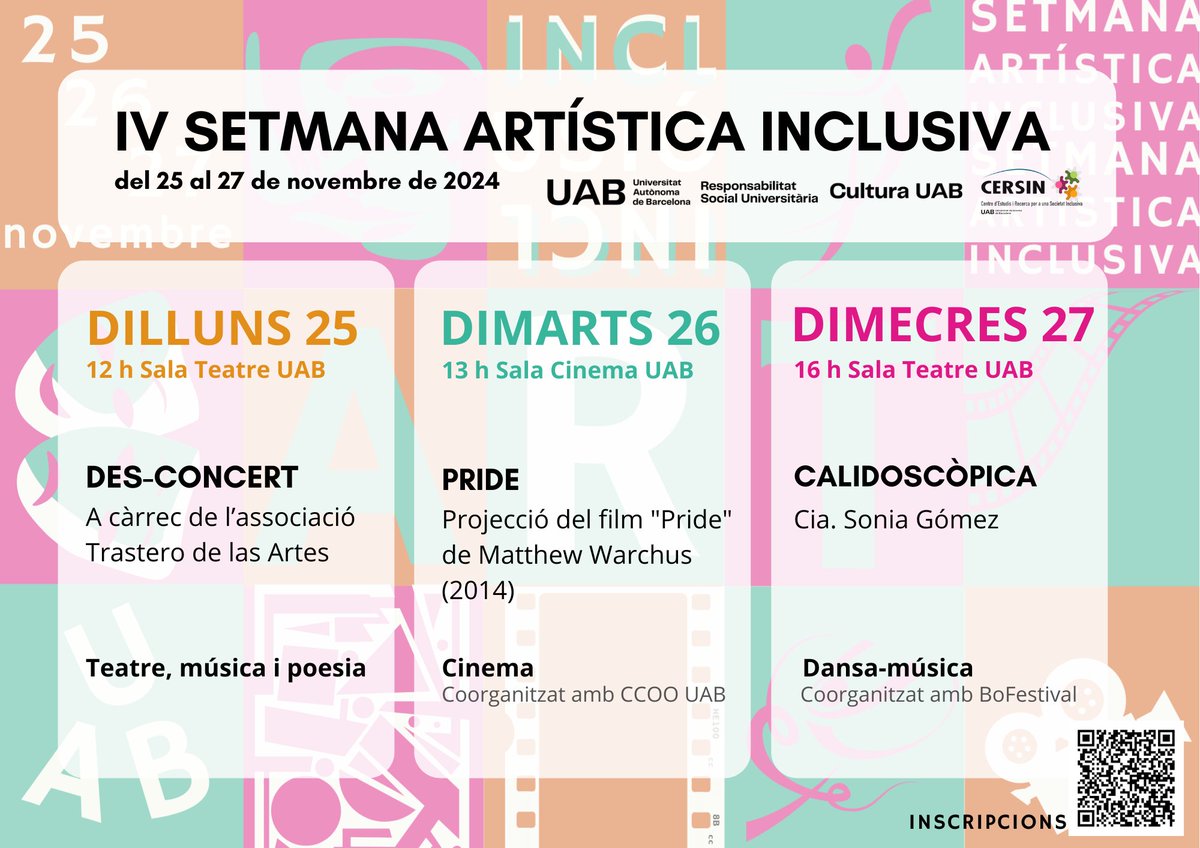 🎭 Del 25 al 27 de novembre arriba la Setmana Artística Inclusiva a la UAB! Amb dos espectacles i la projecció d'un film per celebrar la diversitat i la creativitat.
Per assistir-hi cal omplir aquest formulari: eformularis.uab.cat/web/culturaenv…
No t'ho perdis! #UAB #OCIC