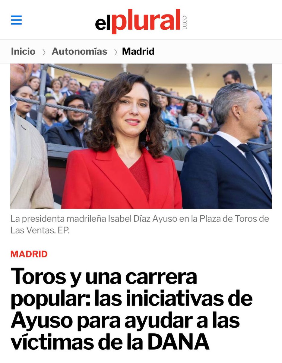 🩸Ayuso quiere más muerte para ayudar a las víctimas de la DANA.

🐂Entre sus propuestas para recaudar fondos para los afectados por el temporal que azotó Valencia, ha decidido incluir una corrida de toros en el Palacio de Vistalegre el próximo 1 de diciembre.

❌¿Por qué
