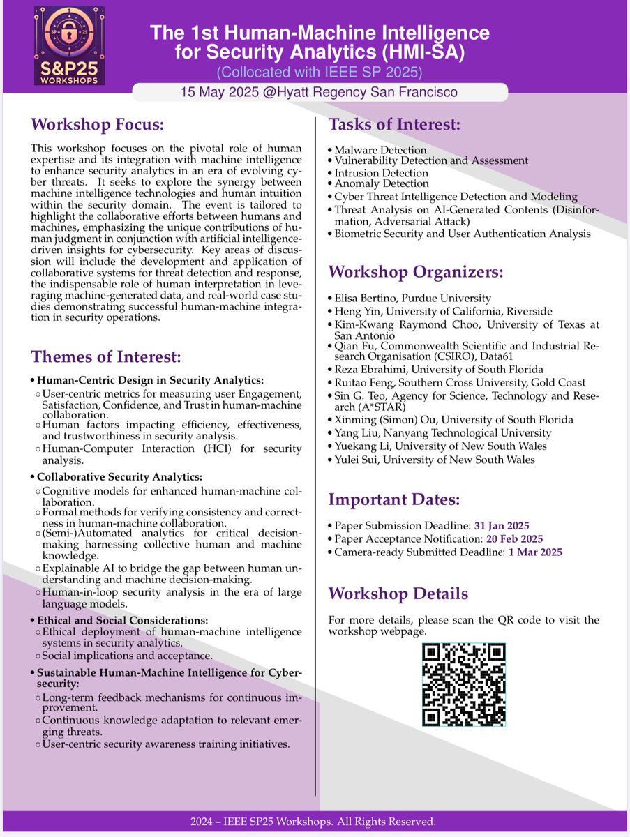RaymondChooAu's tweet photo. #CfP: The 1st Human-Machine Intelligence for #SecurityAnalytics (HMI-SA;co-located with IEEE S&P 2025 @IEEESSP) https://t.co/3sYIXLntK6 #AI #CyberAnalytics #DataAnalytics #CyberSecurity @UTSAResearch https://t.co/3tnTLGzzqF