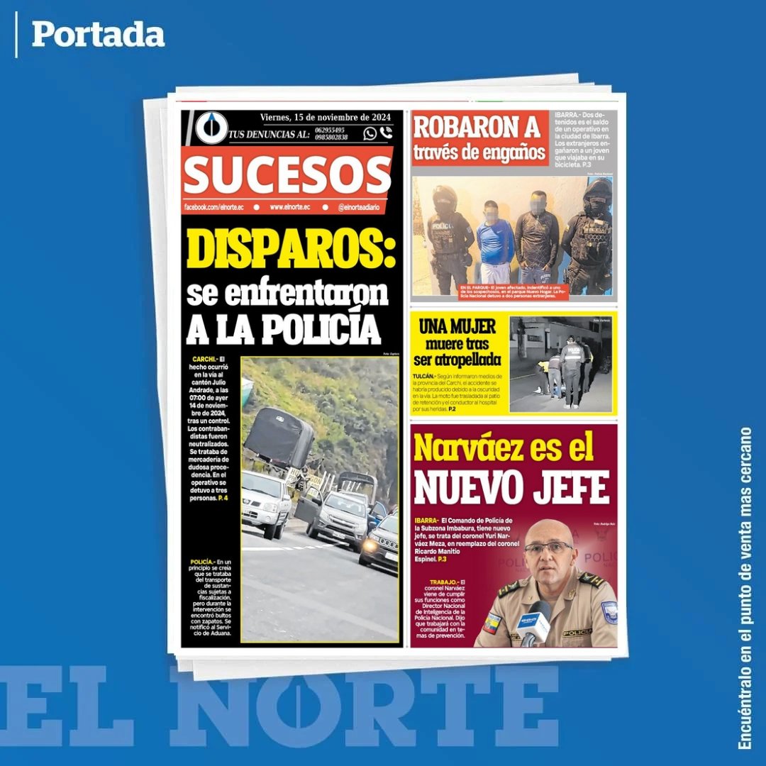 elnorteadiario's tweet photo. Aquí la #contraportada de 🗞️ EL NORTE de este #viernes 15 de noviembre de 2024 #Portadasec #PrensaEc https://t.co/oBO3yPyAx6