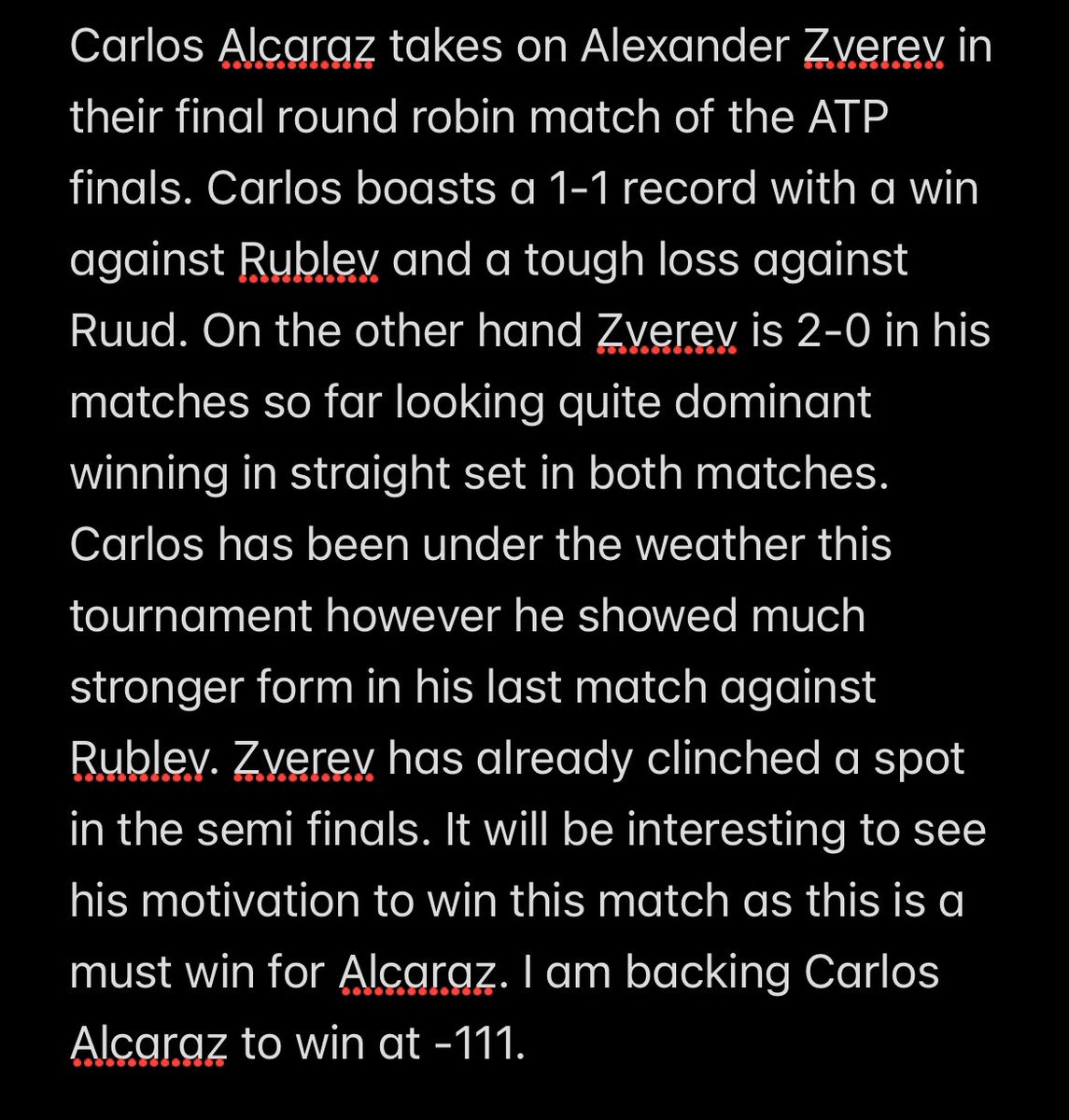 owenturner_'s tweet photo. Here is my analyse for an #ATPFinals  play for the match between #CarlosAlcaraz vs #AlexanderZverev ⬇️
I am backing Alcaraz to win at -111 https://t.co/AXhEtmPlOp