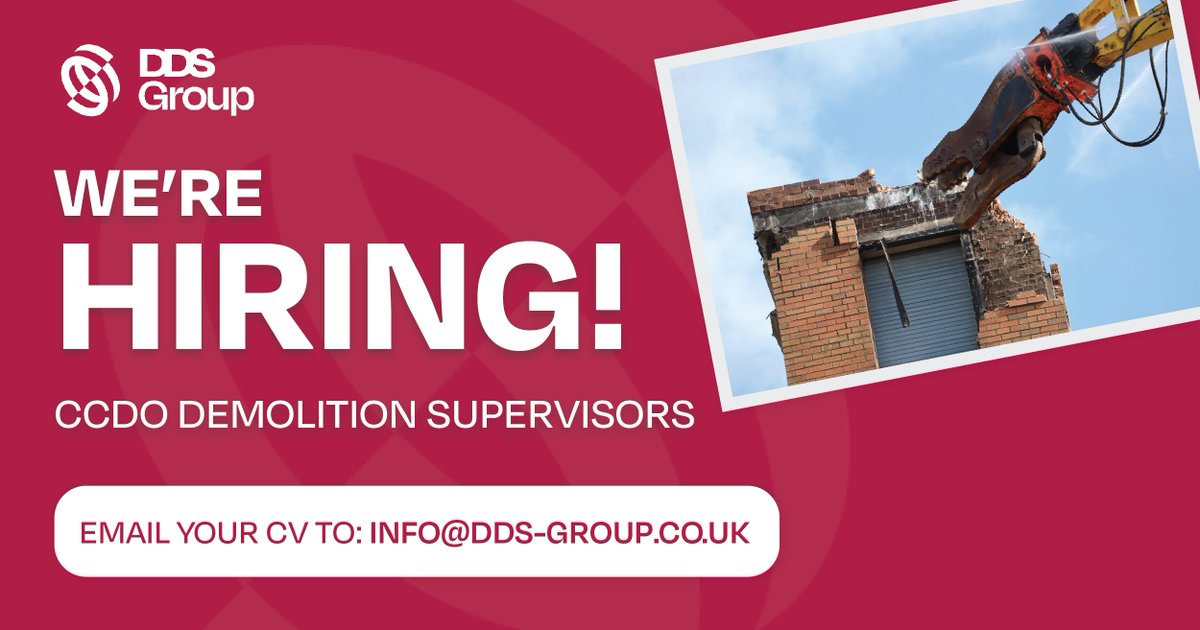 DDS_Group_'s tweet image. We&apos;re looking to grow our team, with more CCDO Demolition Supervisors.

For full details and to apply, contact us on info@dds-group.co.uk

#demolitionsitesupervisor #demolitionworks #enablingdevelopment
