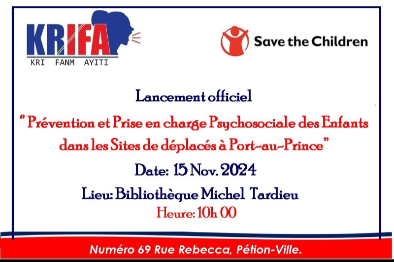 KRIFA lance son projet de prévention et de prise en charge des enfants dans les sites de déplacés à Port-au-Prince. <a href="/SavetheChildren/">Save the Children US</a> <a href="/Refugees/">UNHCR, the UN Refugee Agency</a>  <a href="/UNICEFHaiti/">UNICEF Haiti</a> <a href="/unesco_haiti/">UNESCO Haïti</a>