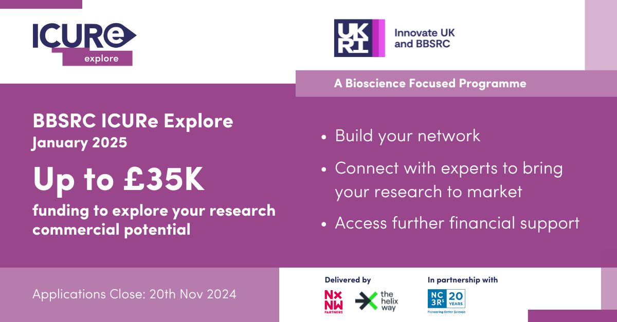 The National Centre for the 3Rs (@nc3rs) on Twitter photo Don't miss the deadline to apply for the <a href="/BBSRC/">Biotechnology and Biological Sciences Research</a>-NC3Rs ICURe Explore programme for support to explore a commercially-promising 3Rs technology: nc3rs.org.uk/our-funding-sc…
🚨Deadline: 20 November. Don't miss the deadline to apply for the <a href="/BBSRC/">Biotechnology and Biological Sciences Research</a>-NC3Rs ICURe Explore programme for support to explore a commercially-promising 3Rs technology: nc3rs.org.uk/our-funding-sc…
🚨Deadline: 20 November.