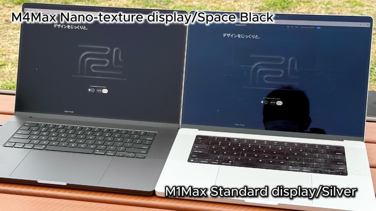 isaolink's tweet image. M4Max MacBookPro16(黒：Nano-textureディスプレイ)と、M1Max MacBook Pro16(銀：標準ディスプレイ)の屋外比較動画です。

youtu.be/VBfcAH4seVo

#MacBookPro16
#MacBookPro
#M4Max
#Nanotexture
#4TB
#128GB
#Apple
#Mac
