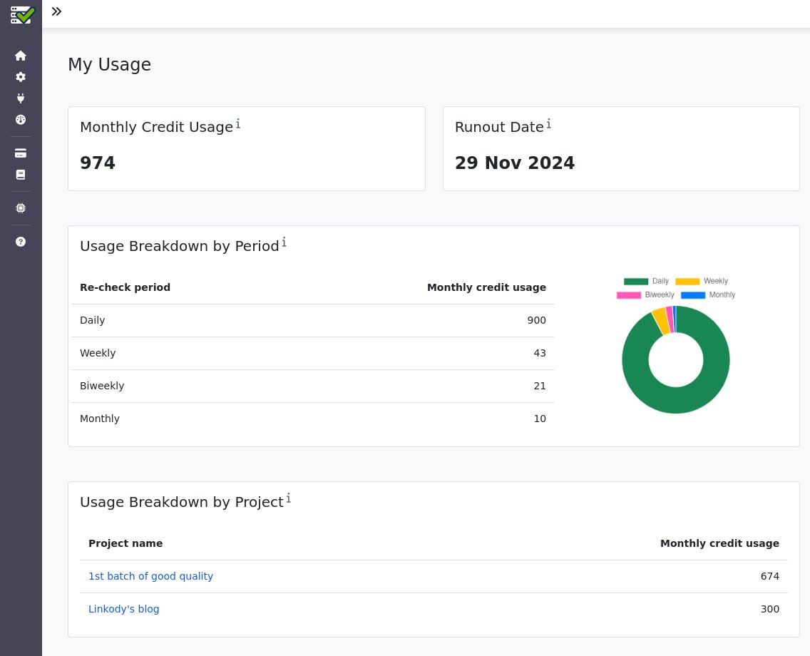 🚀 New in #IndexCheckr: Usage Dashboard.
Now you can see precisely how your auto re-checks are spending credits!
Get a clear view of your credit usage by period and project. 📊 #seo #SaaS