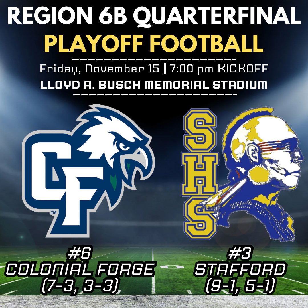 IT’S GAME DAY!
PLAYOFF FOOTBALL!

Your Indians host Colonial Forge in a Region 6B Quarterfinal playoff game!

TICKETS: You will NOT be able to use a county badge to enter. You will also NOT buy tickets through GoFan.
Please use the link below to purchase:

my.hometownticketing.com/agency/a0964a5…