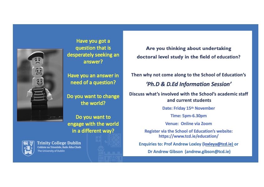 Reminder of School of Education Doctoral Open Evening at 5pm today, more information and register here: tcd.ie/education/news…