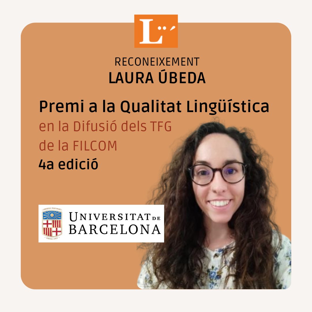 Lingüística UB (@ublinguistica) on Twitter photo El premi a la Qualitat Lingüística en la Difusió dels Treballs de Grau de la <a href="/FilComUB/">Filologia i Comunicació UB</a> ha reconegut l'entrada de Laura Úbeda! 👏 Va ser estudiant del grau fins l'any passat, i s'ha incorporat al Departament com a professora aquest curs! Felicitats! 🎉
linguistica.ub.edu/premi-a-la-qua… El premi a la Qualitat Lingüística en la Difusió dels Treballs de Grau de la <a href="/FilComUB/">Filologia i Comunicació UB</a> ha reconegut l'entrada de Laura Úbeda! 👏 Va ser estudiant del grau fins l'any passat, i s'ha incorporat al Departament com a professora aquest curs! Felicitats! 🎉
linguistica.ub.edu/premi-a-la-qua…
