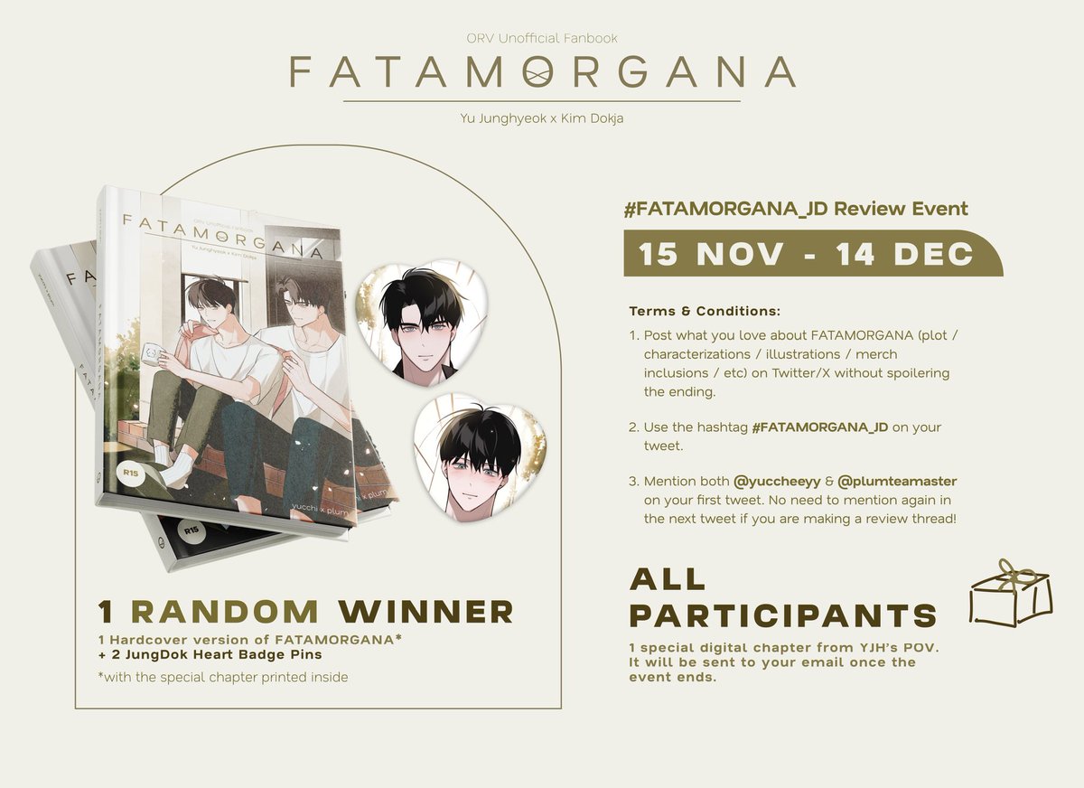 yuccheeyy's tweet photo. 𝗙𝗔𝗧𝗔𝗠𝗢𝗥𝗚𝗔𝗡𝗔 — 𝐑𝐞𝐯𝐢𝐞𝐰 𝐄𝐯𝐞𝐧𝐭.

To celebrate 110+ sets sold, @plumteamaster and I are holding another event! 🥳

Win a chance to get 1 Hardcover Book + 2 Heart Badge Pins! 🖤🤍

Please follow the T&amp;C listed below. Thank you and good luck! 😉

#FATAMORGANA_JD https://t.co/7YalY4xi6d