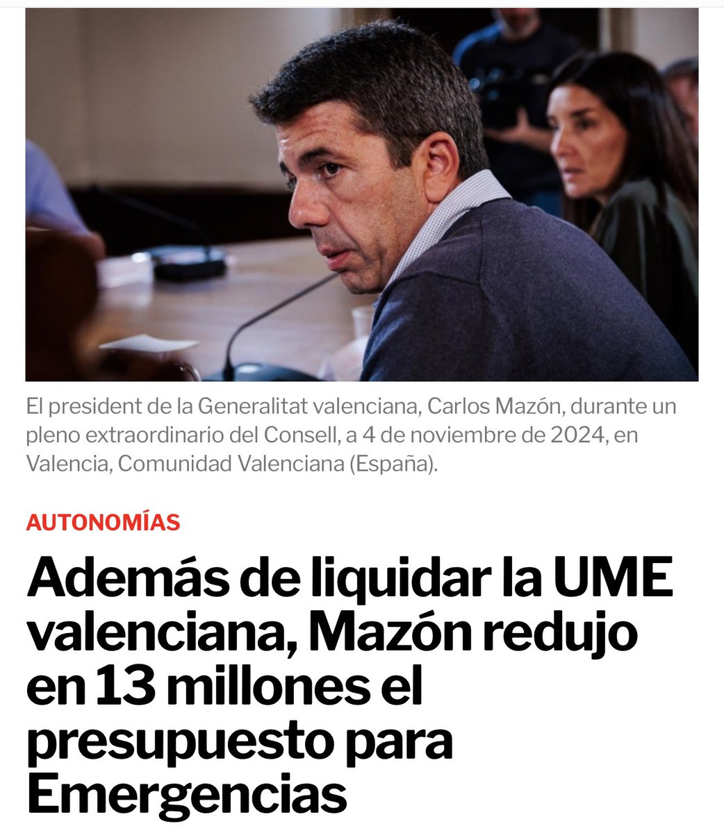 Carlos Mazón anuncia la creación de una nueva consellería de Emergencias y habla de lo importante que son los servicios públicos en las catástrofes.

¿SE PUEDE SER MÁS CÍNICO Y SINVERGÜENZA?