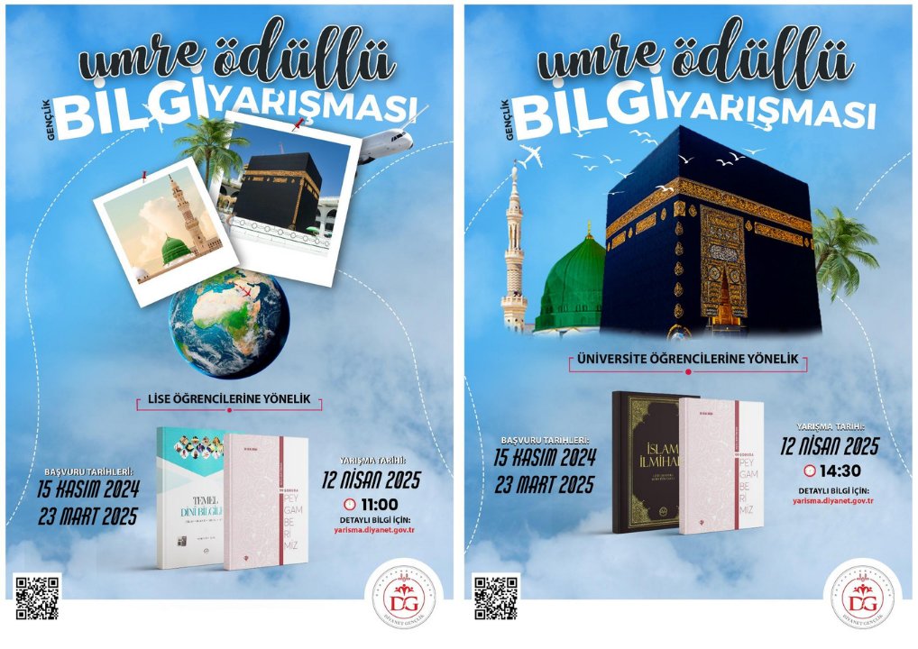 DIBAliErbas's tweet photo. Diyanet İşleri Başkanlığı olarak gençlerimizin milli ve manevi değerlerle buluşmalarına katkı sağlamak, dinî ve ahlaki değerlerimizi diri tutmak gayesi ile lise ve üniversite öğrencilerimize yönelik düzenlediğimiz umre ödüllü “Gençlik Bilgi Yarışması” başvuruları bugün başlıyor. 

Tüm genç kardeşlerimizi bu anlamlı yarışmaya katılmaya davet ediyor, başarılar diliyorum.

https://t.co/UcuEPkg6W5