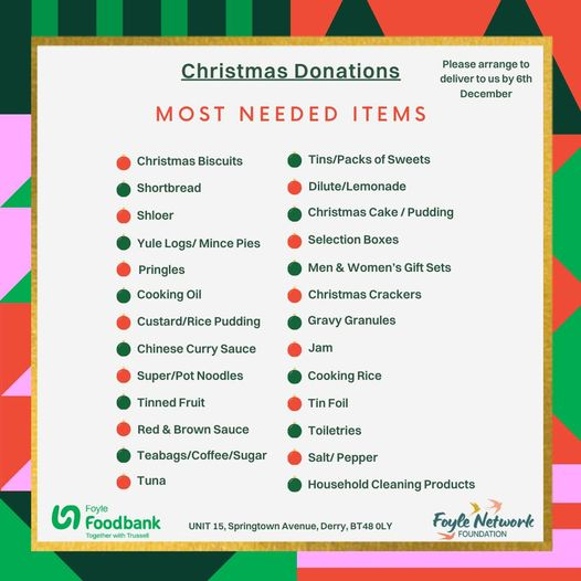 <a href="/FoyleFoodbank/">Foyle Network Foundation (Foyle Foodbank)</a> are requesting these items this Christmas for their foodbank. #foodbanks #allyfoyle #donations